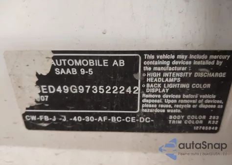 2007 Saab 9-5 2.3T z USA, uszkodzony, nr VIN YS3ED49G973522242